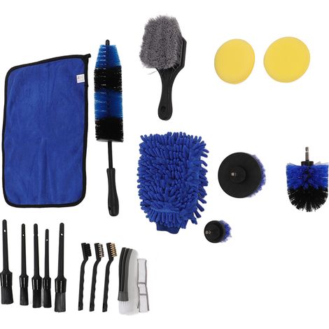 Kit de nettoyage automobile 18 pièces comprenant brosses, perceuses pour pneus, gants de lavage, chiffons et tampons de cire pour le nettoyage des roues et des tuyaux d'échappement (Kit couleur A). (1/5)