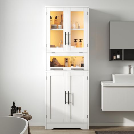 Armoire de salle de bain haute 60×30×170 cm, meuble de rangement autoportant, bande lumineuse LED contrôlée par application, portes en verre, étagères réglables, style minimaliste nordique, blanc.