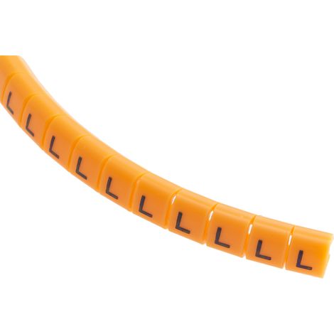 Repère câble à pression , Ø câble 3 3.4mm, texte : L, Noir sur Orange ( Prix pour Bobine de 100 )