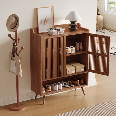Zapatero con puertas acanaladas y estante fijo, mueble recibidor color nogal (1/5)