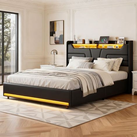 Letto contenitore 140x190 PU nero POCKETPOP - LED regolabile, porta USB, sommier idraulico, 2 posti (1/5)