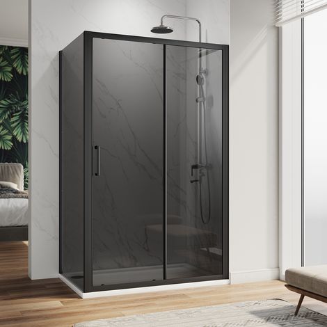 ELEGANT 1100mm Black Sliding Shower Cabin 8mm Easy Clean Glass Shower Cubicle and 800mm Side Shower Door with 1100x800mm Shower Tray and Waste Trap (1/5)