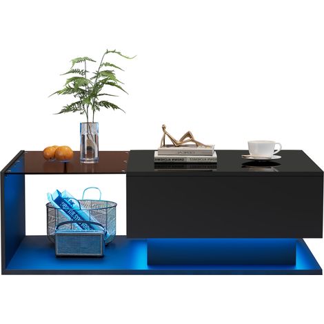 Tavolino da caffè nero lucido 100x50x32 cm con piano in vetro, cassetto integrato e illuminazione LED intelligente - CHICFURN (1/5)