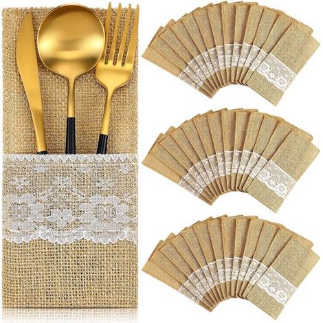 Bolsitas de yute para cubiertos con encaje, 10,5 x 22,5 cm - 50 unidades - Decoración de mesa para bodas, cumpleaños, Navidad y Pascua (1/5)