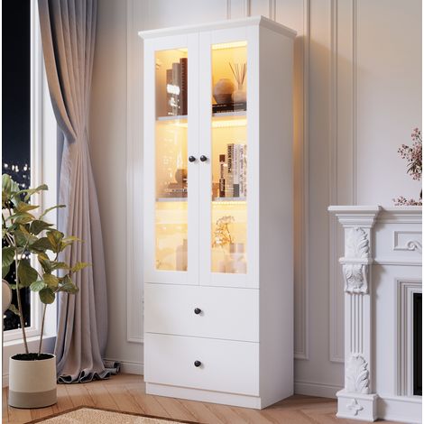 Vitrine 60x35.5x165 cm blanche en MDF et verre trempé avec LED USB, 2 tiroirs et étagères réglables (1/5)