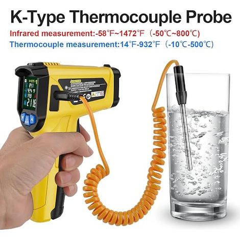 Infrared Thermometers Digital Laser Infrared Thermometer and Probe Gun Temperature Gun IR Non-Contact LCD Screen Alarm and Emissivity Adjustable for Industrial Kitchen (1/4)