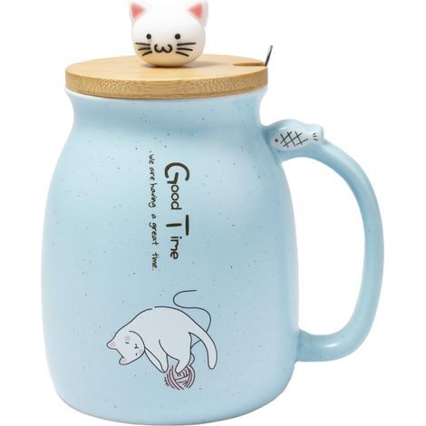 Taza adorable - Taza grande con forma de gato, tapa y cuchara - Ideal para té o café - Gatito adorable - Azul (1/5)