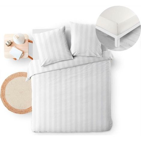 Housse de Couette 240 x 220 Blanc + 2 Taies – Microfibre CLÉO + Drap-Housse 140x190 Coton