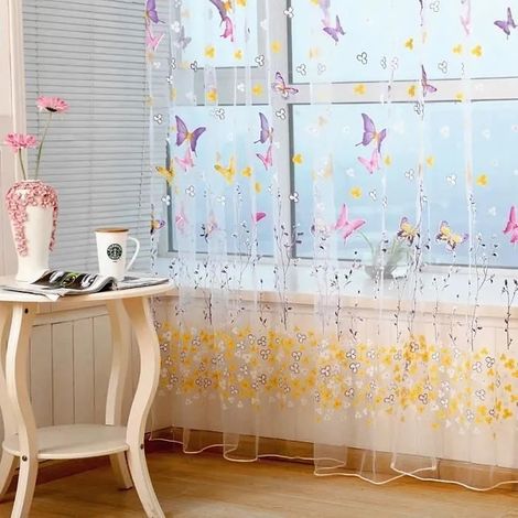 Rideaux papillon 100 x 270 cm pour chambre à coucher,Rideaux transparents en tulle,Rideau décoratif fenêtre,Voilages blancs (1 pcs) (1/4)
