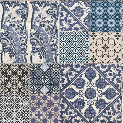 Kitchen bathroom wallpaper wall Profhome 369232 non-woven wallpaper slightly textured with graphical pattern matt blue cream white 5.33 m2 (57 ft2) (1/5)
