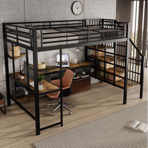 Hochbett 120x200 mit Schreibtisch und Ladeanschluss, schwarz und dunkles Holz OKMYHOME (1/5)