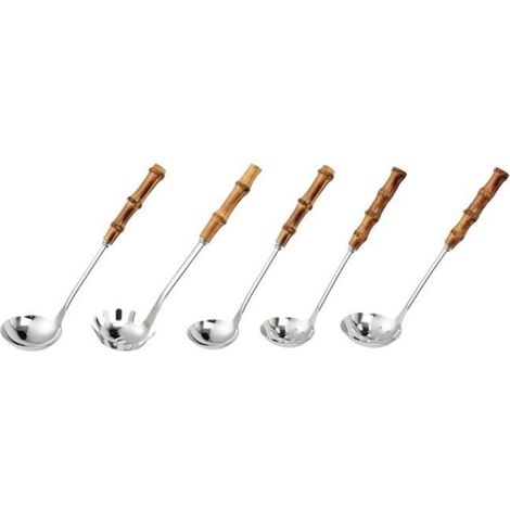Ensemble de 5Louches à Soupe et CuillèRes à Fentes, Louches de Cuisine en Acier Inoxydable avec Manche en Bambou Naturel pour