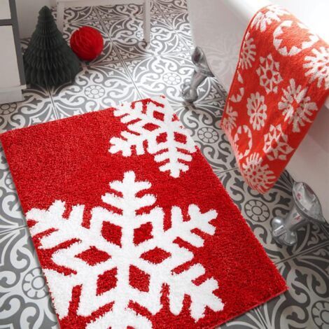 FENOPLASTICATapis de bain rouge et blanc à flocons de neige, 40 cm x 60 cm, antidérapant, lavable en machine, doux et absorbant, motif hivernal et festif, 60 x 90 cm (1/4)