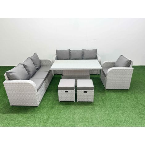 Fimous 9 Seater Poly Rattan Outdoor Garden Furniture Adjustable Lifting Dining or Coffee Table Sofa Set Patio 3 Seater Sofa Reclining Chair 3 Seater Sofa Stools Light Grey (1/5)