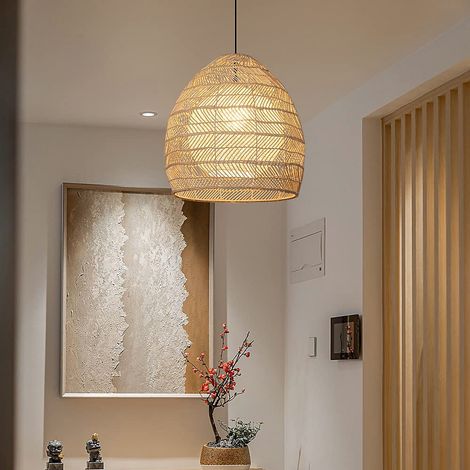 Lustre en bambou et rotin, suspension style bohème avec ampoule, lampe de plafond suspendue, blanc chaud 3000 K, 35 cm (1/5)