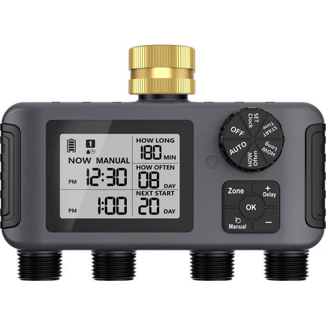 Ordinateur d'irrigation 4 sorties, minuterie d'arrosage de jardin avec retard de pluie/mode automatique et manuel, IPX5 étanche/grand écran LCD, contrôle de l'arrosage (1/5)