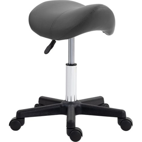 Tabouret à roulettes, siège selle, réglable en hauteur, pivotant à 360°, similicuir, gris