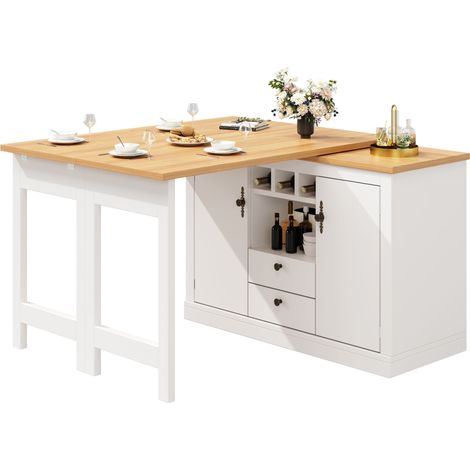 Meuble de bar de cuisine extensible - et rotation à 360°- grande table - 180x79.5x71.5cm - 2 tiroirs et 2 portes - 3 casiers à vin - Blanc