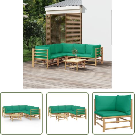 The Living Store 6-tlg. Garten-Lounge-Set mit Grünen Kissen Bambus - Bambus Möbel - Gartenloungeset - Outdoor Möbel - Gartenmöbel - Esstisch (1/5)