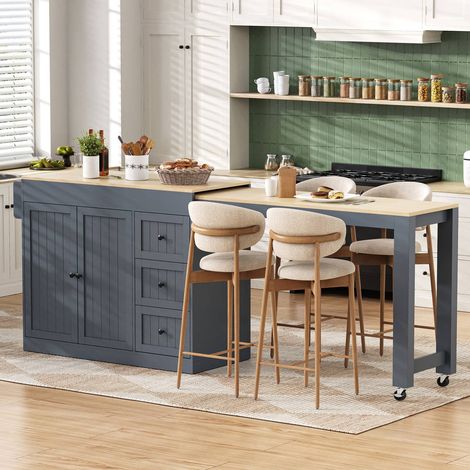 Îlot de cuisine mobile gris avec plateau extensible, tiroirs et rangement épices (1/5)