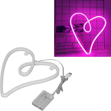 Lampe néon LED en forme de cœur, double alimentation, style rétro, étanche IP45, idéale pour décorer un salon, une fête de Saint-Valentin ou un bar (lumière rose). (1/5)