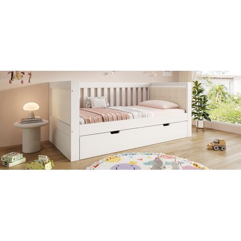 Cadre de lit 90 x 200 cm et sommier 90 x 190 cm. Design compact pour un gain de place. Matériau : bois blanc. (Matelas non inclus) (1/5)