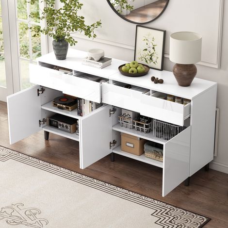 Credenza bianca lucida con 4 cassetti e 4 ante, ripiani regolabili, mobile contenitore per ingresso, 160x40x68 cm (1/5)