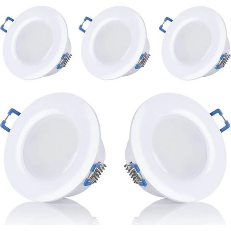 Lot de 5 spots LED pour salle de bain, IP44, 230 V, 5 W, diamètre d'ouverture : 75-80 mm (blanc chaud) (1/4)