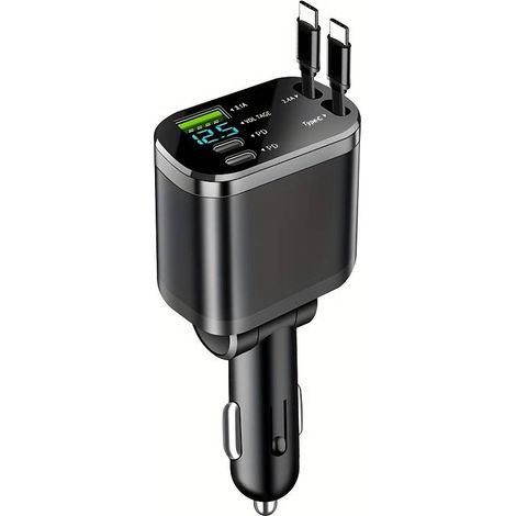 Caricabatterie da auto retrattile 5 in 1, ricarica rapida da 69 W, dotato di 2 cavi USB-C retrattili, 2 porte USB-C e 1 porta USB-A - Nero (1/4)