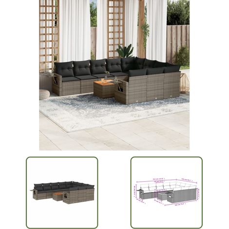 The Living Store 11-tlg. Garten-Sofagarnitur mit Kissen Grau Poly Rattan - Gartenmöbel Set - PE-Rattan Möbel - Outdoor Lounge - Esszimmergarnitur - Balkonmöbel (1/3)