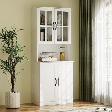 Bibliothèque haute 180cm 5 étagères portes vitrées et compartiment ouvert blanc (1/5)