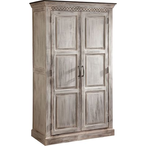 Massivmoebel24 – Armoire penderie 105x50 cm en bois massif de manguier ciré blanc antique – Style shabby chic – Design baroque avec corniche