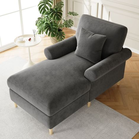 MODFU - Poltrona relax, chaise longue pieghevole in velluto - Schienale regolabile, 1 cuscino, 133x87x90 cm, grigio (1/5)