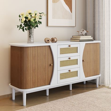 Buffet de salon 140,5x40x76 cm avec 3 tiroirs, portes et étagères réglables, blanc et bois (1/5)