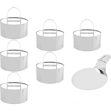 Anelli per mousse in acciaio inox, 6 tagliapasta rotondi con 6 spingitori e una spatola, stampi individuali per crostate, dessert, pasticcini, mousse, torte e hamburger (1/5)