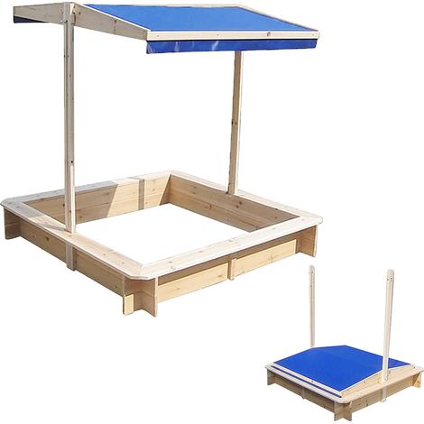 Mucola – Bac à sable en épicéa non traité 120x120cm – Toit réglable en bleu – Protection solaire déperlante – Bords arrondis (1/4)