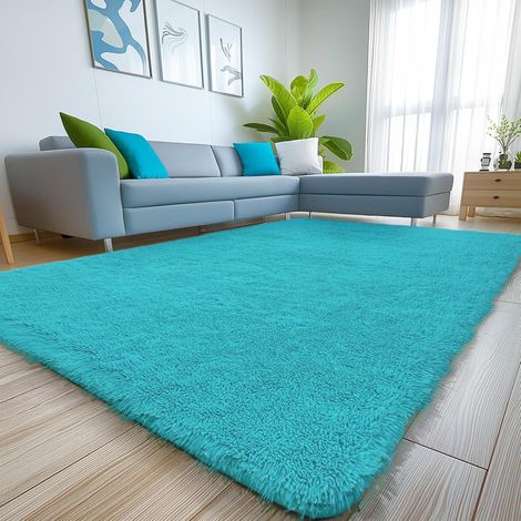 Tapis de Salon, à Poils Longs, Tapis Chambre Bleu Sarcelle, 80x160cm, antidérapant, Extra Large, Moelleux et Moderne, pour Chambre à Coucher, Chambre d'enfant (1/5)
