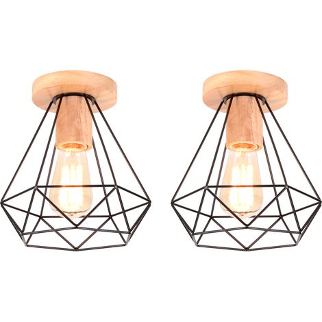 2 Pack Retro Diamond Ceiling Light Industrial Metal and Wood Cage E27 40W Ceiling Lamp for Corridor Stairs Bedroom Entrance Black (1/5)