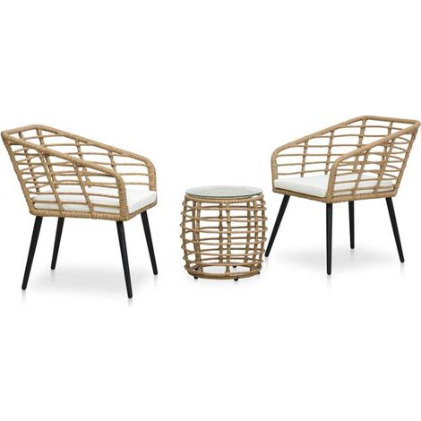 Ensemble table et chaises de salle à manger trois pièces, en résine tissée avec placage chêne. (1/5)