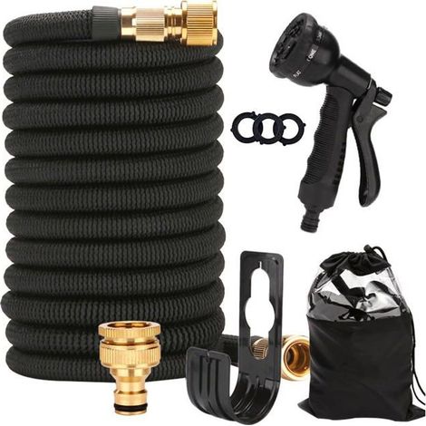 Ecleanfy - Tuyau d'arrosage extensible 15 m - flexible anti-fuite, buse 8 jets, connecteurs métal (1/4)