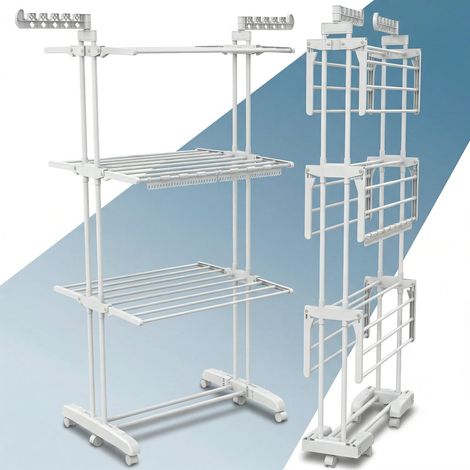 Etendoir Linge Interieur et Exterieur Pliable avec 4 Niveaux et 24 Barres de séchage – Jusqu'à 40 kg – Seche Linge avec 2 Accessoires pour Chaussettes – roulettes pivotantes avec Frein (1/5)