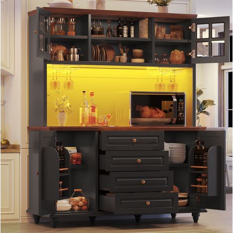 Armario alto de cocina (140x40x179.5 cm), con iluminación RGB LED, 4 cajones, estantes ajustables, MDF, negro (1/5)