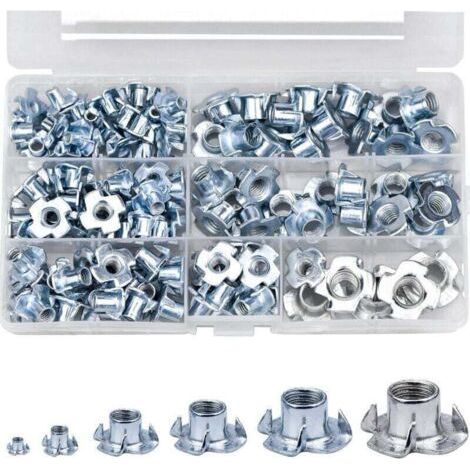 105 Pieces Claw Kit T-Nuts, XU, M4 M5 M6 M8 M10 Carbon Steel Claw Nuts for Woodworking Appliances Plumbing DIYers - (1/4)