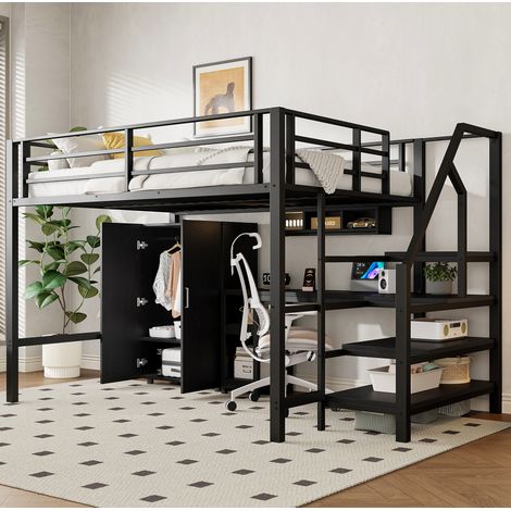 Letto a soppalco 140x200 cm nero in metallo e MDF con armadio, scrivania e scaffali (1/5)