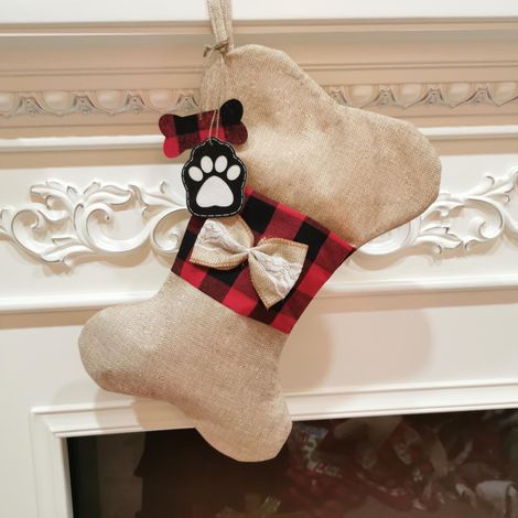 Chaussette De Noël Pour Chien - Forme Os Ou Poisson - En Molleton Polyester Et Coton - Rouge Et Beige À Carreaux - 42 X 26 Cm - 1 Pièce (1/5)