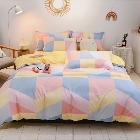 Parure de lit 4 pièces en coton doux, drap housse, couette et taie d'oreiller, literie épaissie pour maison, motif losange coloré, 1.2m (1/3)