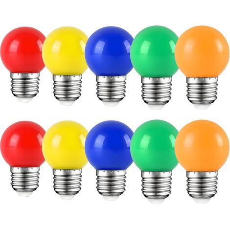 Packung mit 10 E27 2W farbigen LED-Lampen, 360° Abstrahlwinkel, AC220V-240V, Rot, Gelb, Blau, Grün und Orange [Energieklasse E]