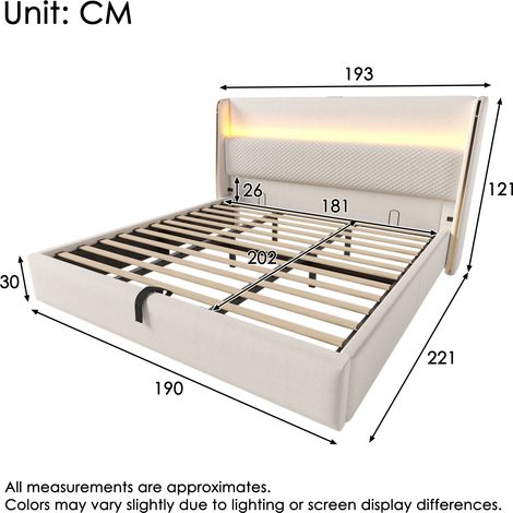 Lit hydraulique moderne avec haute tête de lit, lit double 180x200cm avec éclairage LED, espace de rangement et ports USB/Type-C, aspect lin beige (sans matelas) (1/5)