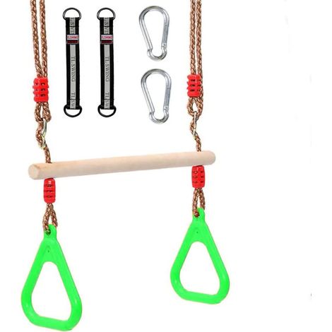 Balançoire trapèze Multifonction en Bois pour Enfants avec Anneaux en Plastique - Charge maximale : 120 kg - pour l'intérieur et l'extér (Vert) (1/5)