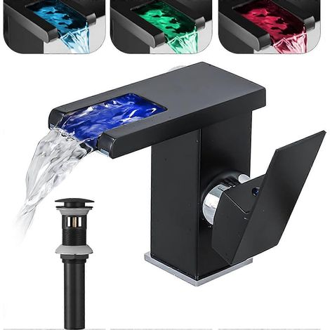 Robinet de salle de bain avec éclairage LED RGB, bec cascade, noir, pour lavabo, 3 couleurs changeantes, poignée monotrou assortie (1/5)